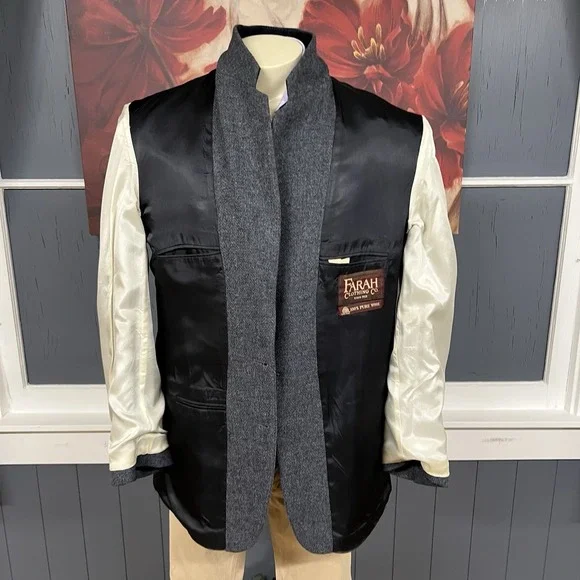 Vintage Farah Tweed Blazer Jacket Sport Coat Mens 44L Long Wool Grayish Navy